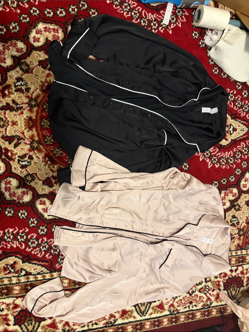 stars above Black & Blush Two-Piece Satin Pajama Set with Contrast Piping